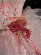 Classy Ball Gown Sweetheart Pink Floral Tulle Long Evening Dress Prom Dresses