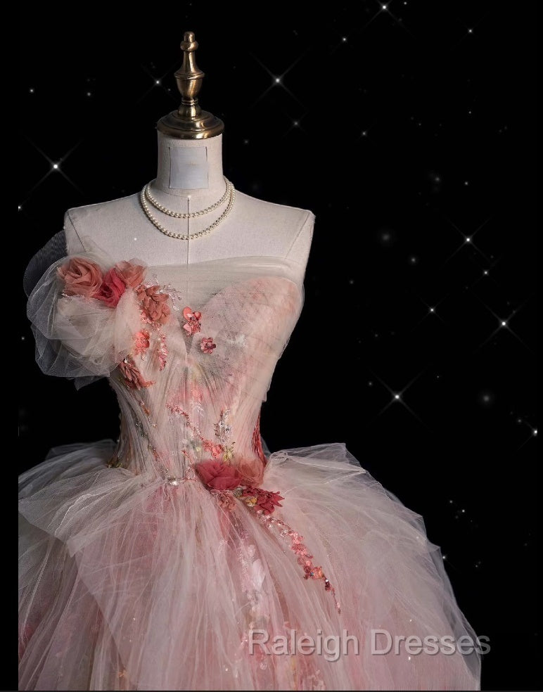 Classy Ball Gown Sweetheart Pink Floral Tulle Long Evening Dress Prom Dresses