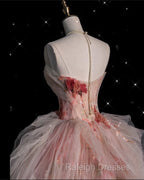 Classy Ball Gown Sweetheart Pink Floral Tulle Long Evening Dress Prom Dresses