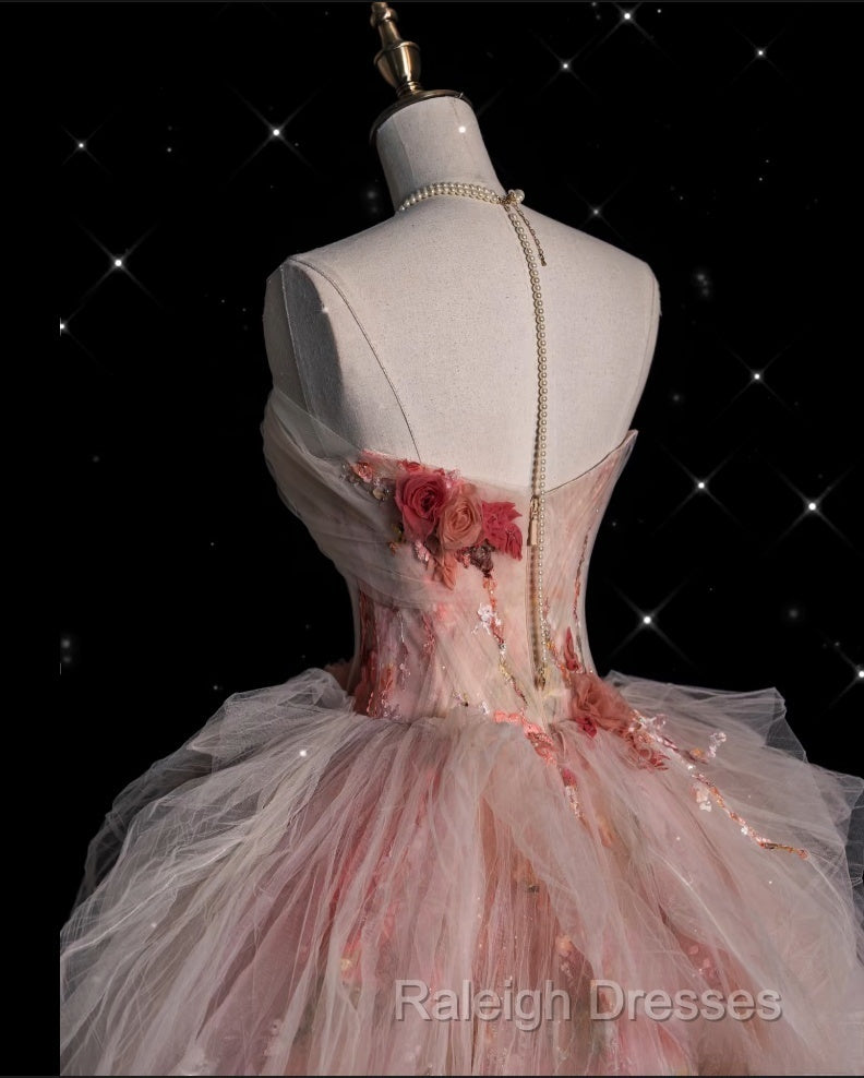 Classy Ball Gown Sweetheart Pink Floral Tulle Long Evening Dress Prom Dresses