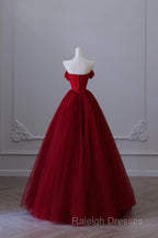 Classy Balll Gown Strapless Red Tulle Long Evening Dress Prom Dresses