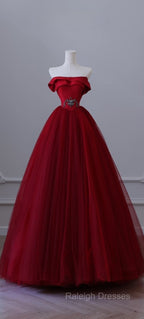 Classy Balll Gown Strapless Red Tulle Long Evening Dress Prom Dresses