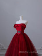 Classy Balll Gown Strapless Red Tulle Long Evening Dress Prom Dresses