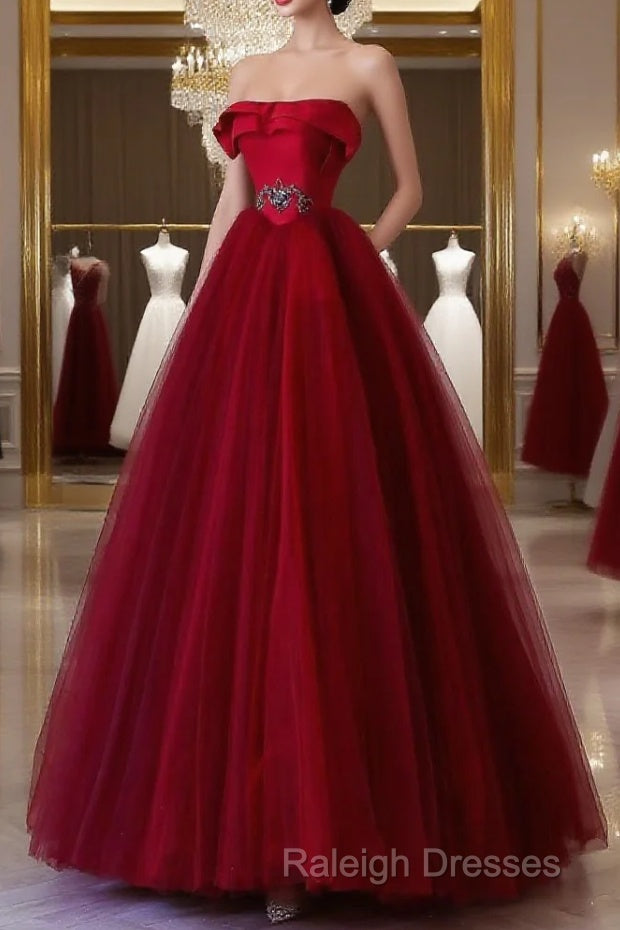 Classy Balll Gown Strapless Red Tulle Long Evening Dress Prom Dresses Main image