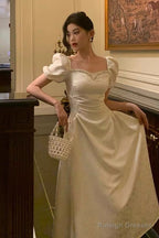 Classy French A Line Short Sleeves Ivory Satin Prom Dresses Birthday Outfits Evening Gown