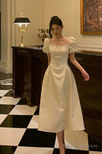 Classy French A Line Short Sleeves Ivory Satin Prom Dresses Birthday Outfits Evening Gown