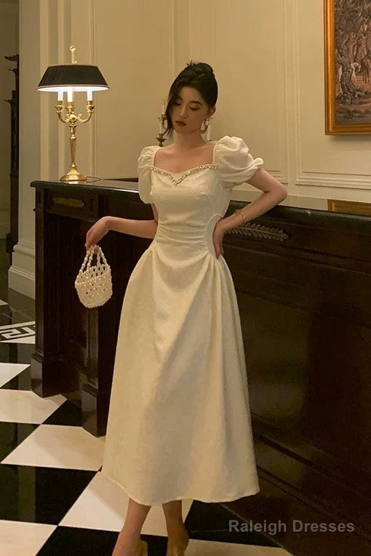 Classy French A Line Short Sleeves Ivory Satin Prom Dresses Birthday Outfits Evening Gown