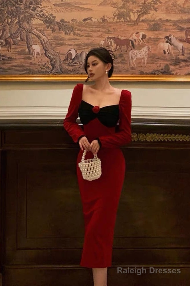 Classy French Sheath Long Sleeves Red Prom Dresses Birthday Outfits Evening Gown Secondary image
