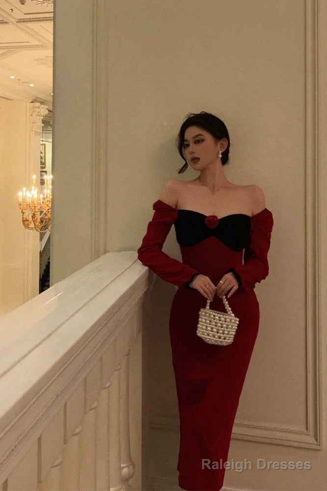 Classy French Sheath Long Sleeves Red Prom Dresses Birthday Outfits Evening Gown