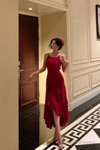 Classy High Low Spaghetti Straps Red Long Prom Dresses Birthday Outfits Evening Gown