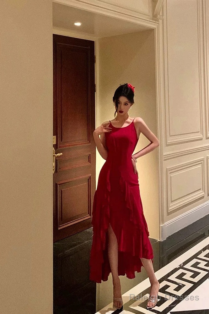 Classy High Low Spaghetti Straps Red Long Prom Dresses Birthday Outfits Evening Gown