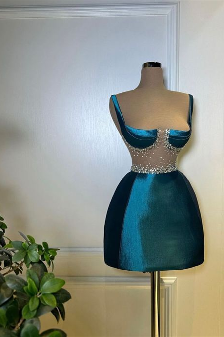 Classy Ink Blue Straps Satin Mini Homecoming Dresses Sleeveless Prom Dress With Beads Main image