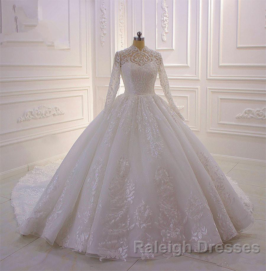 Classy Long A-line High Neck Appliques Lace Pearl Sequins Ruffles Wedding Dress with Sleeves Secondary image