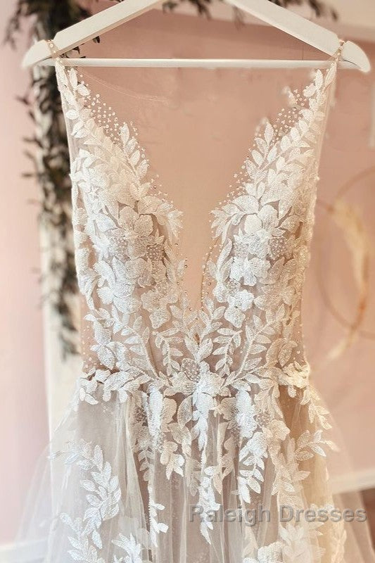 Classy Long A Line Tulle Appliques Lace Wedding Dresses