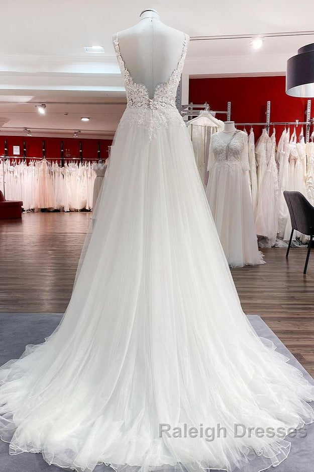Classy Long A Line Tulle V Neck Sleeveless Lace Wedding Dresses