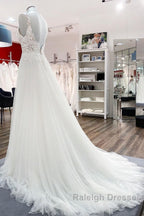 Classy Long A Line Tulle V Neck Sleeveless Lace Wedding Dresses