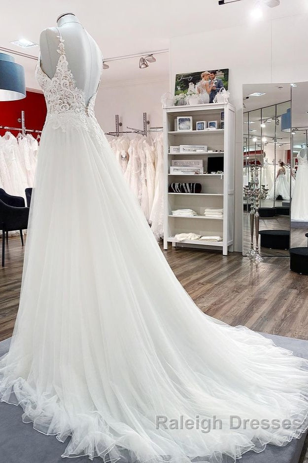 Classy Long A Line Tulle V Neck Sleeveless Lace Wedding Dresses
