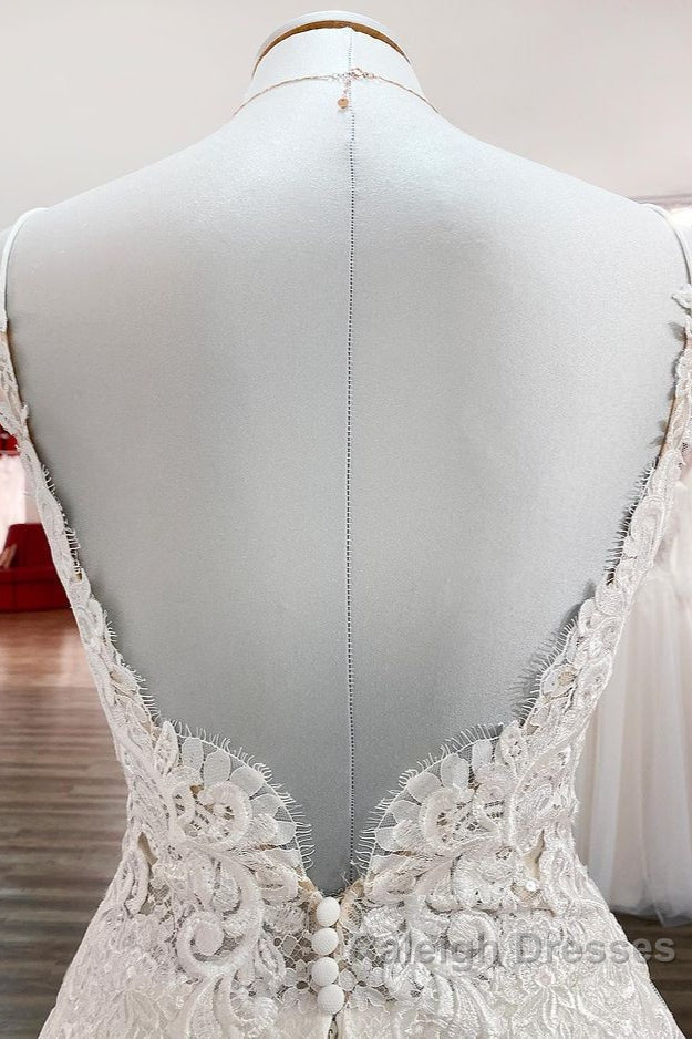 Classy Long A Line Tulle V Neck Sleeveless Lace Wedding Dresses