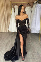 Classy Long Black Off-the-Shoulder Lace Mermaid Long Sleeves Prom Prom Gown Long Slit Online