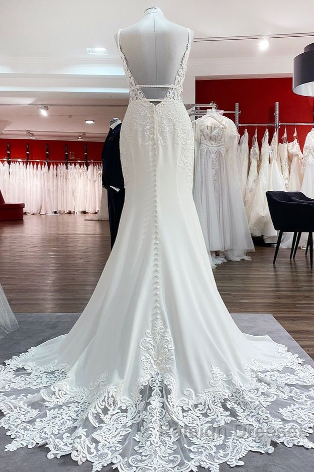 Classy Long Mermaid V Neck Satin Open Back Wedding Dresses with Lace Appliques Secondary image