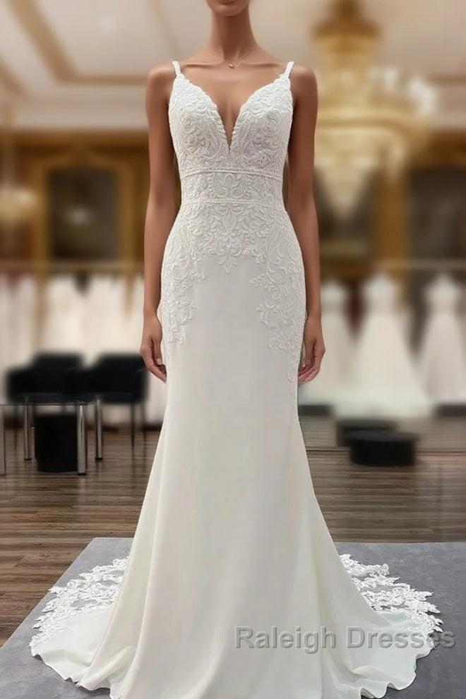 Classy Long Mermaid V-neck Satin Open Back Wedding Dress with Lace Appliques