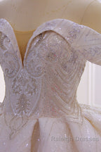 Classy Long Off the Shoulder Sequin Beading Satin Ball Gown Wedding Dresses