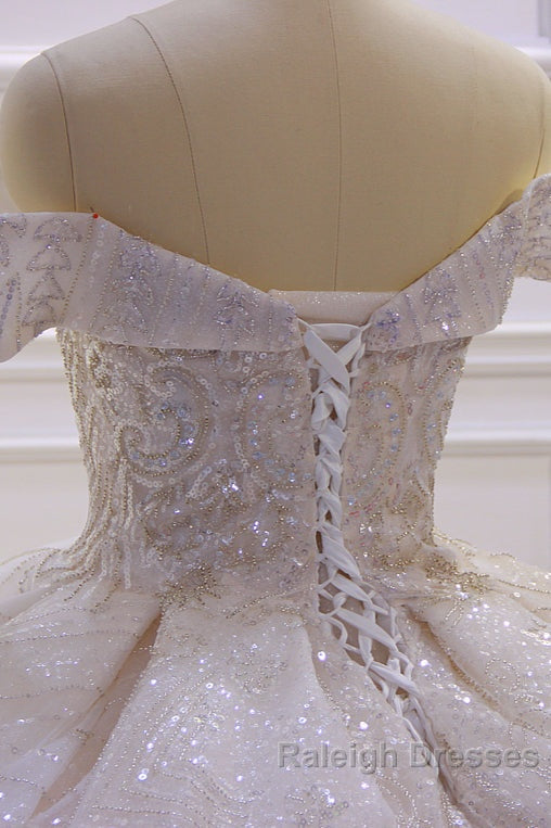 Classy Long Off the Shoulder Sequin Beading Satin Ball Gown Wedding Dresses