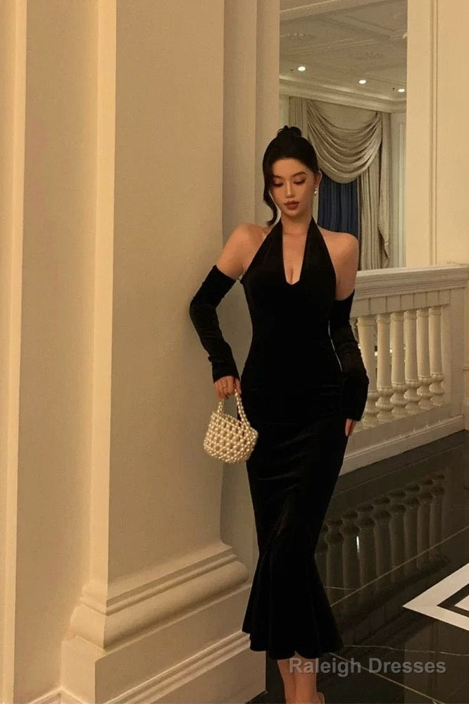 Classy Mermaid Halter Neckline Ruffles Black Velvet Prom Dresses Birthday Outfits Evening Gown