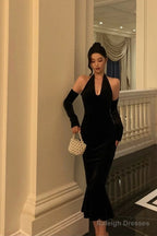 Classy Mermaid Halter Neckline Ruffles Black Velvet Prom Dress Birthday Outfits Prom Gowns
