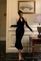 Classy Mermaid Halter Neckline Ruffles Black Velvet Prom Dress Birthday Outfits Prom Gowns