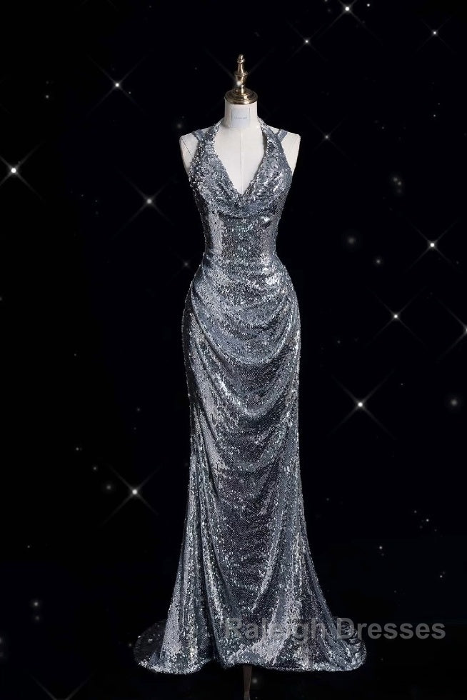 Classy Mermaid Halter Silver Sequin Long Prom Dresses