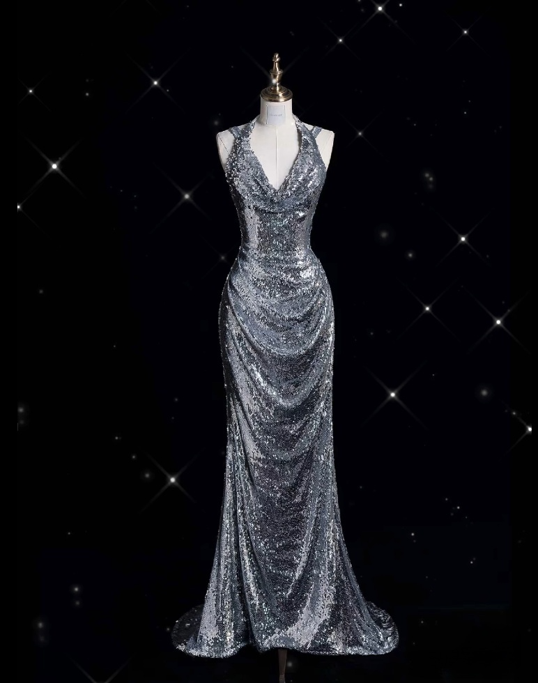 Classy Mermaid Halter Silver Sequin Long Prom Dresses Prom Dress Main image