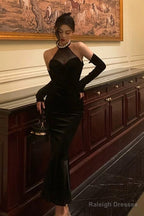 Classy Mermaid High Neckline Black Velvet Prom Dresses Birthday Outfits Evening Gown