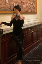 Classy Mermaid High Neckline Black Velvet Prom Dresses Birthday Outfits Evening Gown