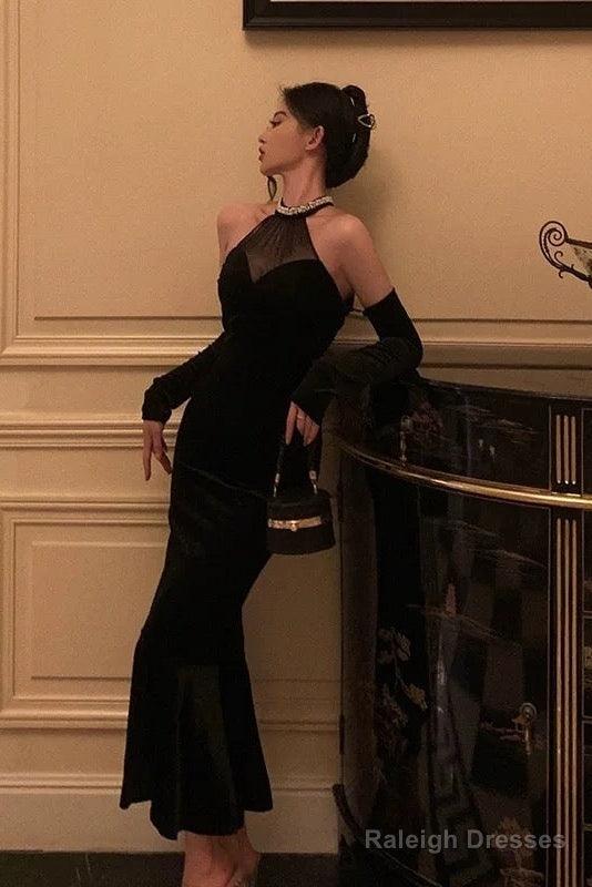 Classy Mermaid High Neckline Black Velvet Prom Dress Birthday Outfits Prom Gowns