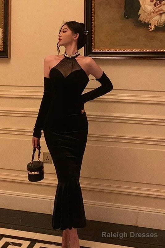 Classy Mermaid High Neckline Black Velvet Prom Dress Birthday Outfits Prom Gowns