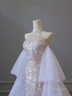 Classy Mermaid High Neckline Sequin Ruffles Long Evening Dress Prom Dresses