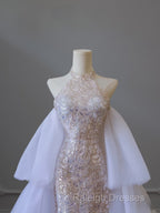 Classy Mermaid High Neckline Sequin Ruffles Long Evening Dress Prom Dresses