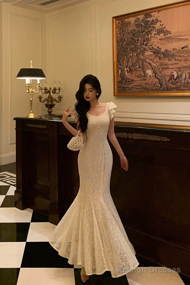 Classy Mermaid Jewel Sleeveless Ruffles Lace Prom Dress Birthday Outfits