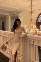 Classy Mermaid Long Sleeves Ivory Slit Prom Dresses Birthday Outfits Evening Gown