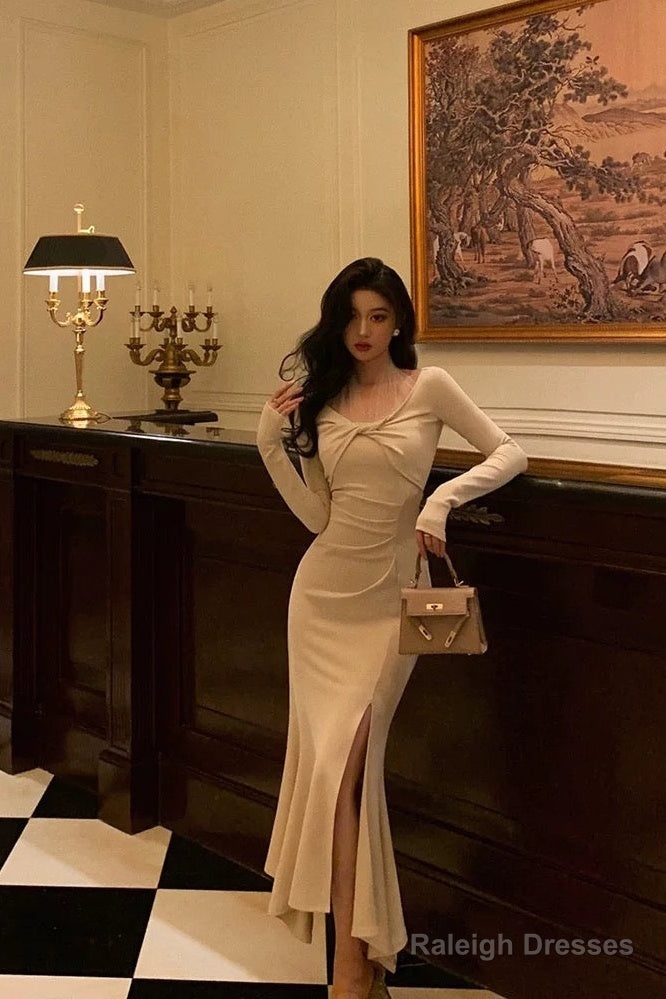 Classy Mermaid Long Sleeves Ivory Slit Prom Dresses Birthday Outfits Evening Gown