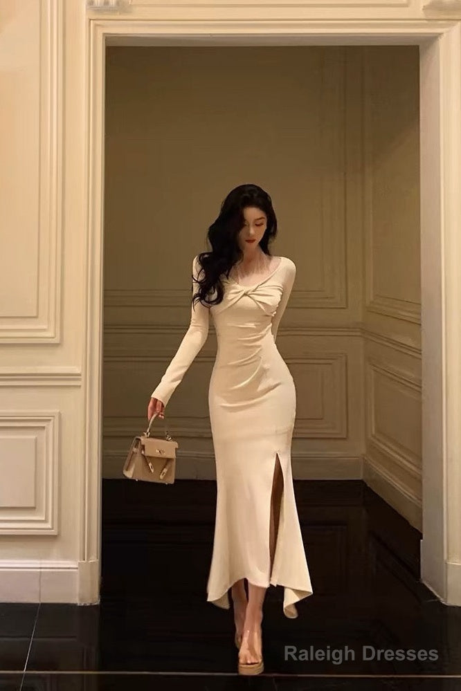Classy Mermaid Long Sleeves Ivory Slit Prom Dresses Birthday Outfits Evening Gown Main image
