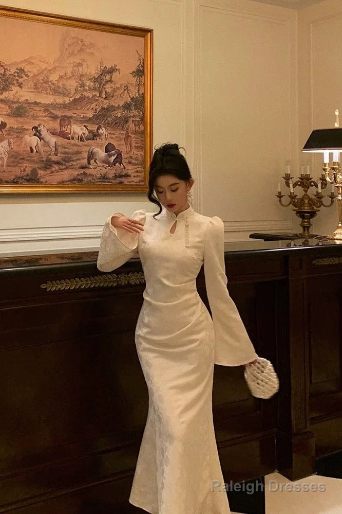 Classy Mermaid Mandarin Collar Long Sleeves White Lace Prom Dress Birthday Outfits