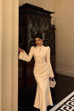 Classy Mermaid Mandarin Collar Long Sleeves White Lace Prom Dresses Birthday Outfits