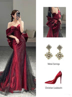 Classy Mermaid Off The Shoulder Burgundy Long Prom Dresses Sequin Prom Dress