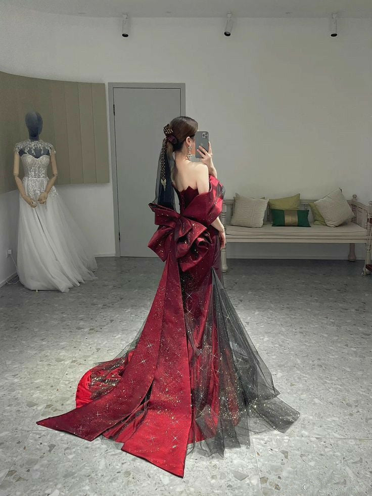 Classy Mermaid Off The Shoulder Burgundy Long Prom Dresses Sequin Prom Dress