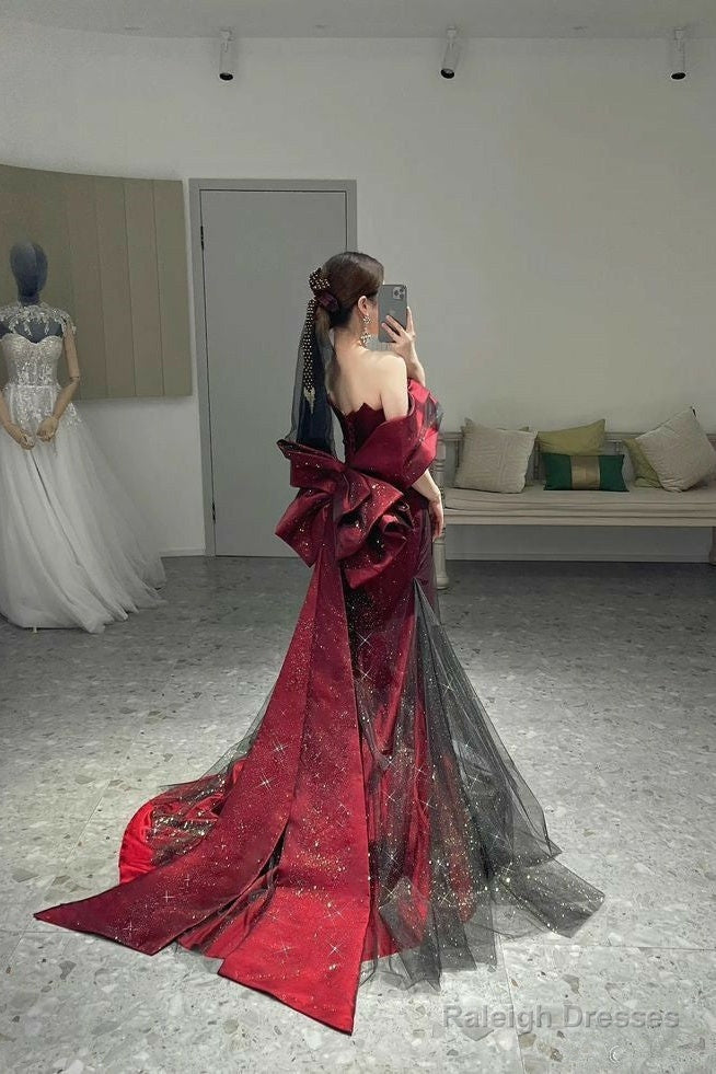 Classy Mermaid Off The Shoulder Burgundy Long Party Dress Sequin Prom Dresses