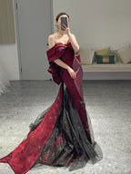 Classy Mermaid Off The Shoulder Burgundy Long Prom Dresses Sequin Prom Dress