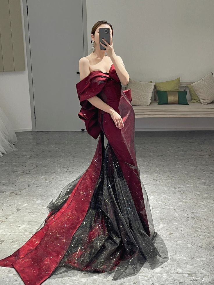 Classy Mermaid Off The Shoulder Burgundy Long Prom Dresses Sequin Prom Dress