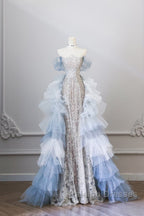 Classy Mermaid Off The Shoulder Neckline Sequin Ruffles Long Prom Dresses